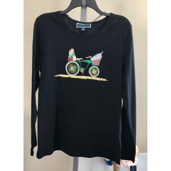 Karen Scott t-shirt ugly top Karen Scott size MEDIUM crew neck log sleeves Black - Picture 1 of 5